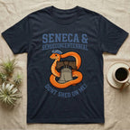Corn Snake Don't Shed T-Shirt in Navy — Cartoon orange snake in a tricorn hat coiled around the Liberty Bell with text Don't Shed On Me.