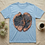 Leopard Gecko Stump Trio T-Shirt in Light Blue — Three leopard geckos including a leucistic white morph on a cross-section log slab of amber growth rings with mushrooms, no on-shirt text.
