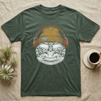 Leopard Gecko Headphones T-Shirt in Military Green — Engraved leopard gecko with spotted skin in a beanie and headphones, aviators reflecting a desert canyon.