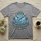 Ball Python Birthday Cake T-Shirt in Sport Grey — Y2K pastel ball python coiled as a birthday cake with 250 candles and bubble text Land of the Free, Sssince 1776.
