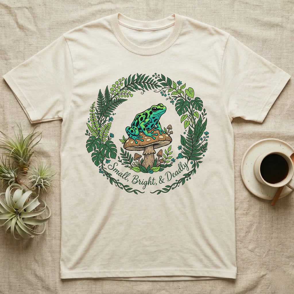 Cream t-shirt with green frog on mushroom graphic and text "Small, Bright, & Deadly".