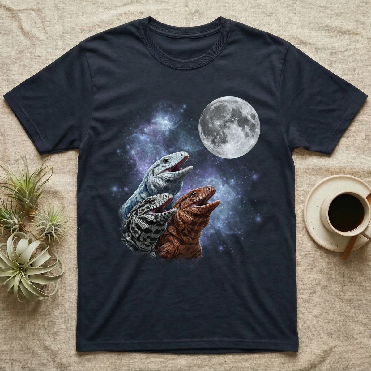 Tegu Moon Howl T-Shirt in Navy — Three Tegu colour morphs howling at a full moon over a nebula on a dark grey t-shirt.