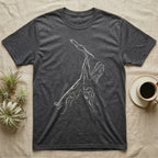 Ghost Mantis Rim Light T-Shirt in Dark Heather — Ghost mantis in profile drawn only as a pale rim of light on black, tall leaf crest raised and legs lobed like leaves.