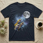 Leopard Gecko Moon Howl T-Shirt in Navy — Three Leopard Gecko colour morphs howling at a full moon over a nebula on a dark grey t-shirt.
