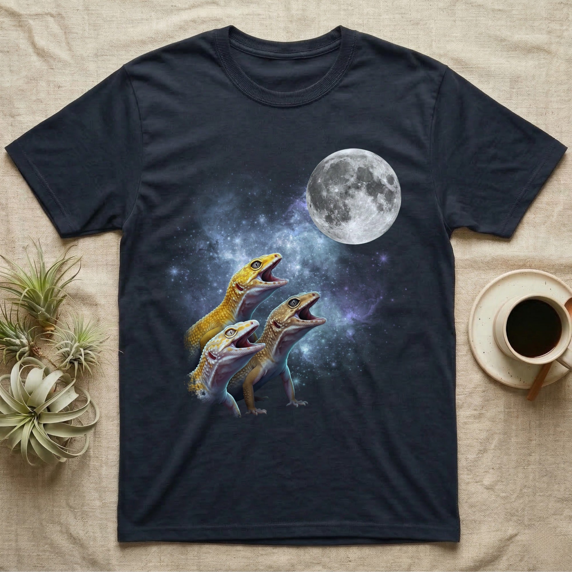 Leopard Gecko Moon Howl T-Shirt in Navy — Three Leopard Gecko colour morphs howling at a full moon over a nebula on a dark grey t-shirt.