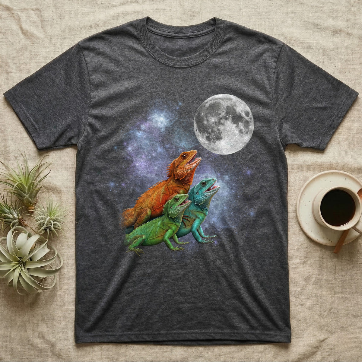 Chinese Water Dragon Moon Howl T-Shirt in Dark Heather — Three Chinese Water Dragon colour morphs howling at a full moon over a nebula on a dark grey t-shirt.