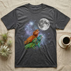 Chinese Water Dragon Moon Howl T-Shirt in Dark Heather — Three Chinese Water Dragon colour morphs howling at a full moon over a nebula on a dark grey t-shirt.