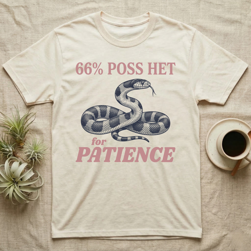 Kingsnake Patience T-Shirt in Natural — Navy engraving of a banded California kingsnake head raised and tongue flicking, between 66% POSS HET and for PATIENCE in rose type