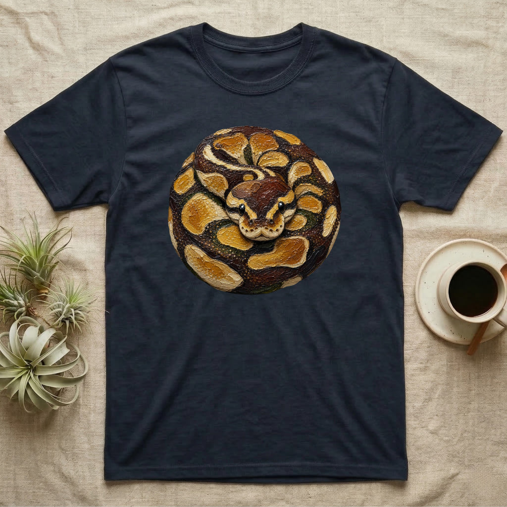 Dark t-shirt with a coiled, detailed snake graphic on chest.