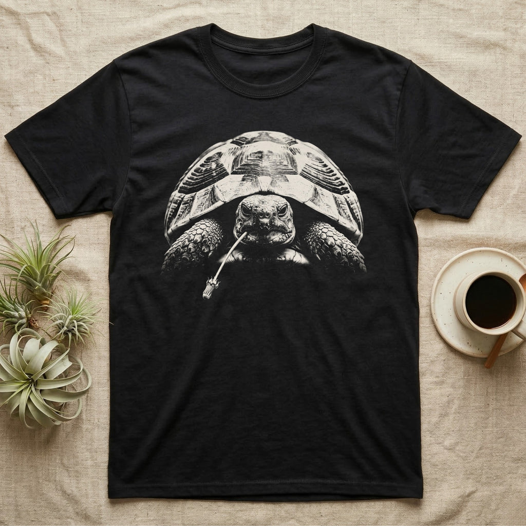 Hermann's Tortoise Tough T-Shirt in Black — Black-and-white photo of a Hermann's tortoise staring ahead, a dandelion stem hanging from its beak like a cigarette