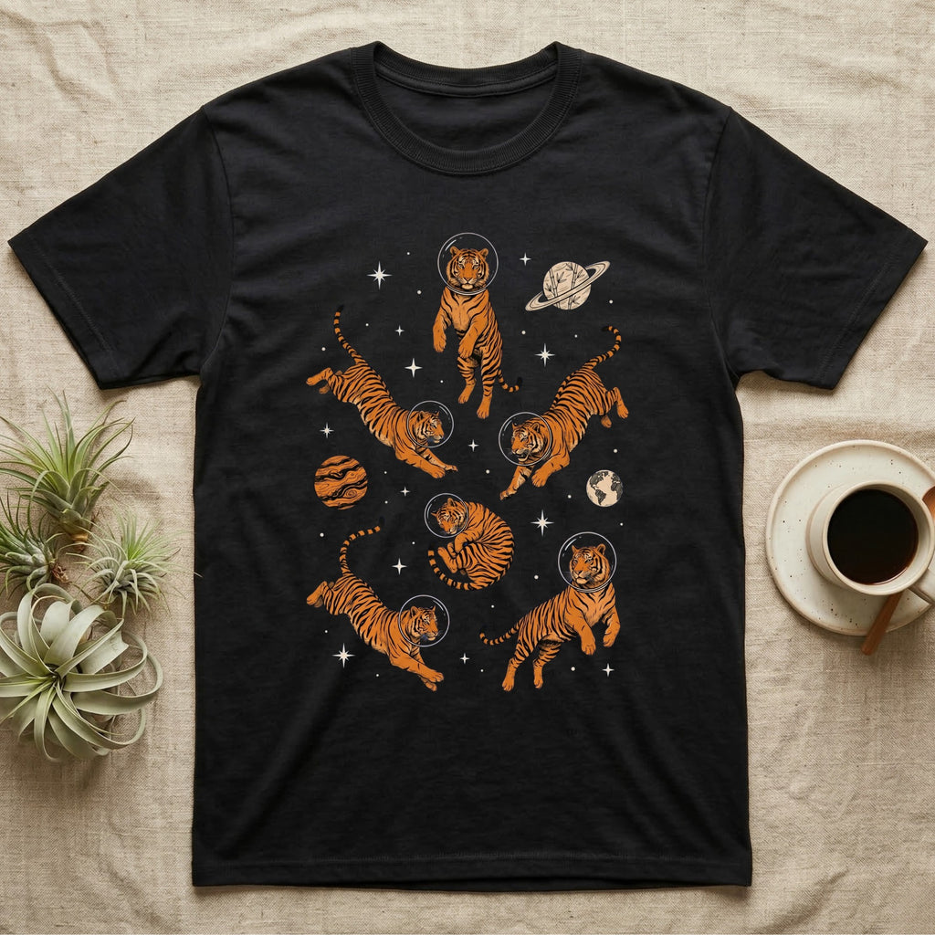 Black t-shirt with repeating pattern of tigers floating in space with planets and stars.