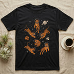 Black t-shirt with repeating pattern of tigers floating in space with planets and stars.