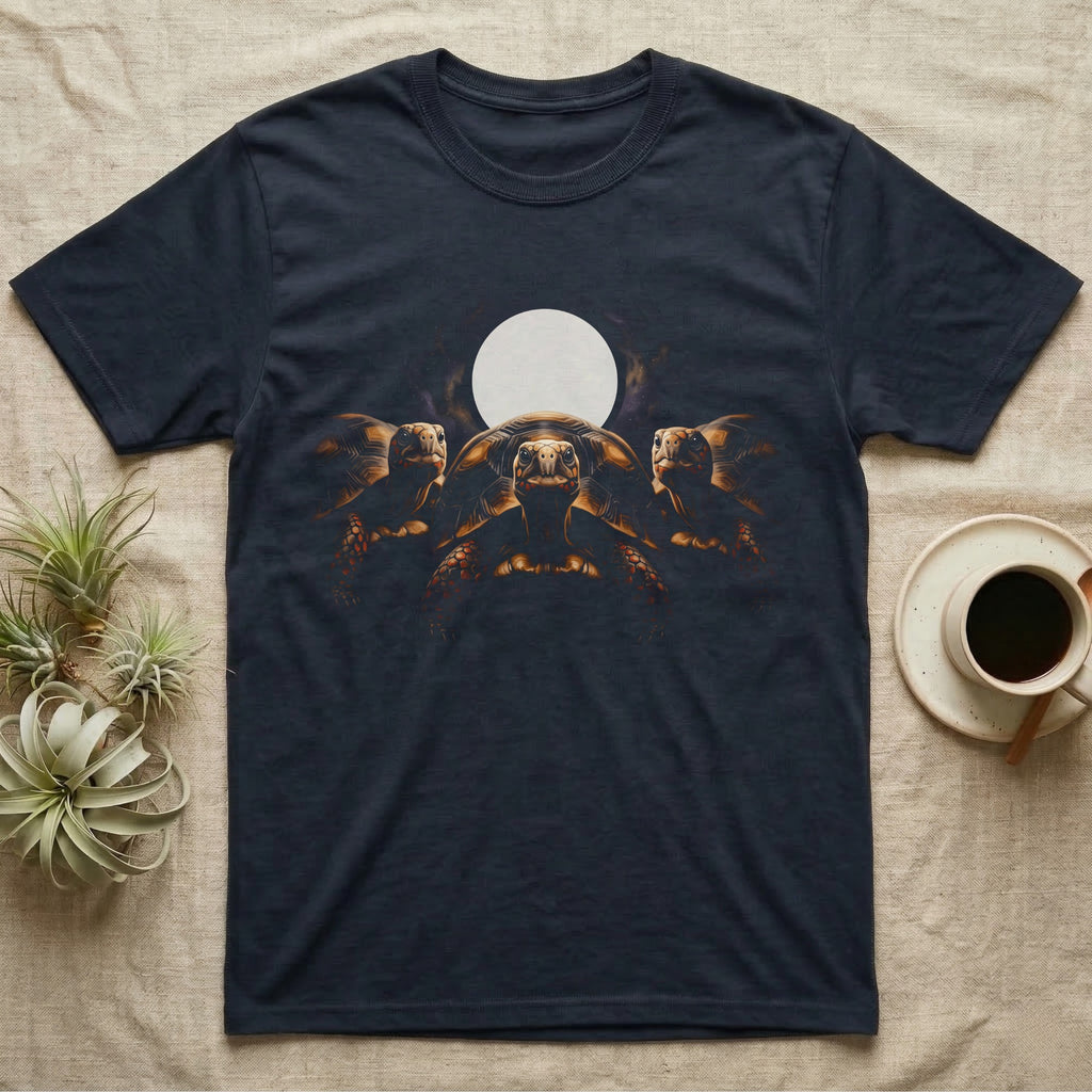 Red-Foot Tortoise Moon T-Shirt in Navy — Three red-foot tortoises facing out beneath a full moon and nebula, warm low light, dissolving into black.