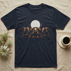 Red-Foot Tortoise Moon T-Shirt in Navy — Three red-foot tortoises facing out beneath a full moon and nebula, warm low light, dissolving into black.