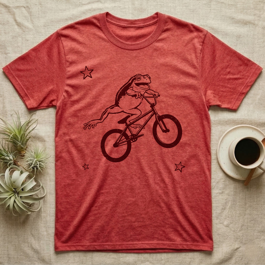 Tree Frog Can-Can T-Shirt in Heather Red — Distressed one-ink oxblood screenprint of a White's tree frog airborne on a BMX bike, both back legs kicked off the pedals and swung to one side, hands still on the bars.