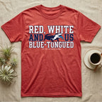 Blue-Tongued Skink 1776 T-Shirt in Heather Red — Navy and white blue-tongued skink with tongue out between collegiate text reading Red, White and US Blue-Tongued.