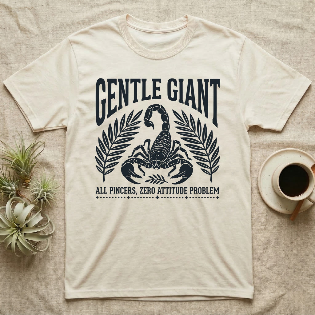 Emperor Scorpion Gentle Giant T-Shirt in Natural — Folk woodblock crest of an emperor scorpion under an arched GENTLE GIANT headline, flanked by palm fronds.