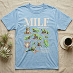 Red-Eyed Tree Frog MILF T-Shirt in Light Blue — Eight red-eyed tree frogs in a cut-out photo collage beneath the huge cream word MILF on grey.