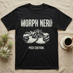 Pied Ball Python Morph T-Shirt in Black — Grunge type "Morph Nerd" with a small pied-morph ball python coiled mid-design and "Pied Edition" caption beneath.