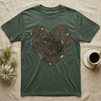Green t-shirt with a heart-shaped nature design featuring a gecko.