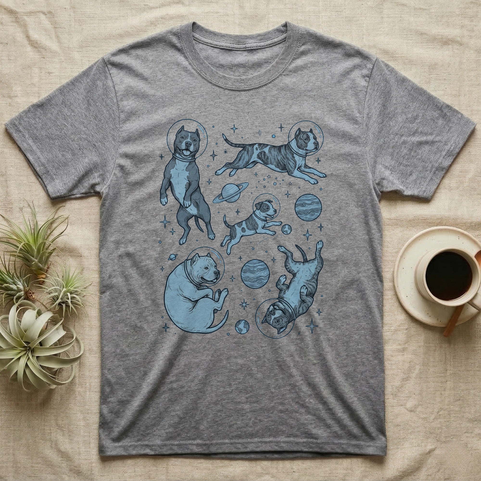 Gray t-shirt with four pit bulls in space costumes and planets.