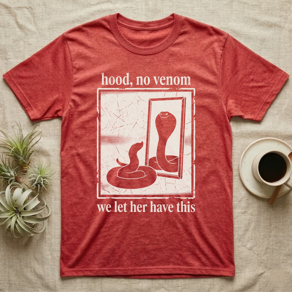 Western Hognose Hood No Venom T-Shirt in Heather Red — One-bit photocopy western hognose snake in a bordered panel, its hooded reflection turned out with the only eyes.
