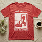 Western Hognose Hood No Venom T-Shirt in Heather Red — One-bit photocopy western hognose snake in a bordered panel, its hooded reflection turned out with the only eyes.