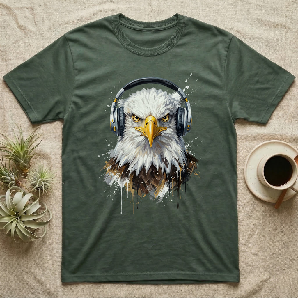 Eagle head with headphones, graphic design on a green t-shirt.