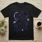 Crested Gecko Cosmic T-Shirt in Black — Vintage screen-print illustration of crested geckos in astronaut helmets floating in space, deep cosmic indigo monochromatic on dark background.