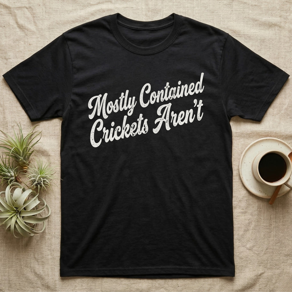 Reptile Cricket Escape T-Shirt in Black — Distressed off-white 1970s brush script reading Mostly Contained, Crickets Aren't, climbing a diagonal on charcoal grey