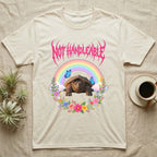 Snapping Turtle Hatchling T-Shirt in Natural — Cute baby snapping turtle in a pastel rainbow and flower wreath under a hot pink metal logo reading NOT HANDLEABLE