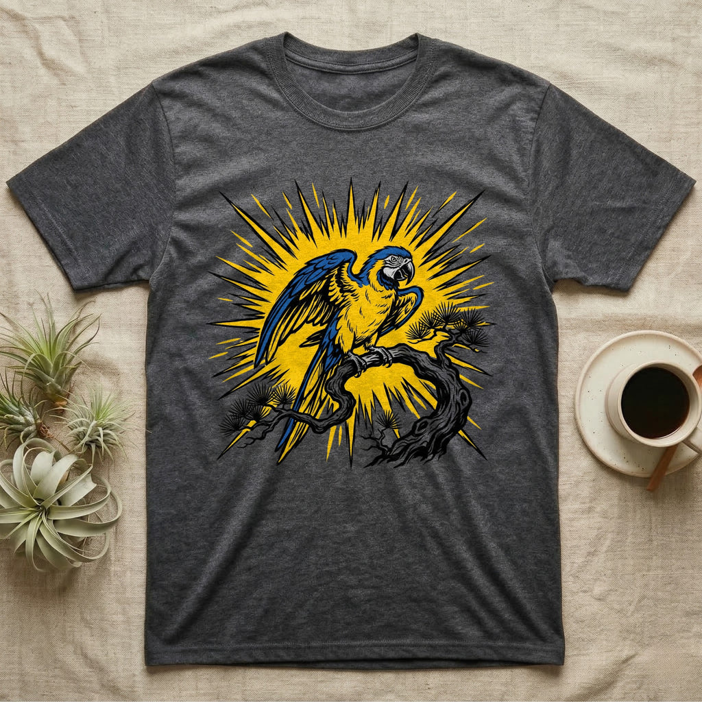 Blue and yellow macaw perched on a branch with sunburst background.