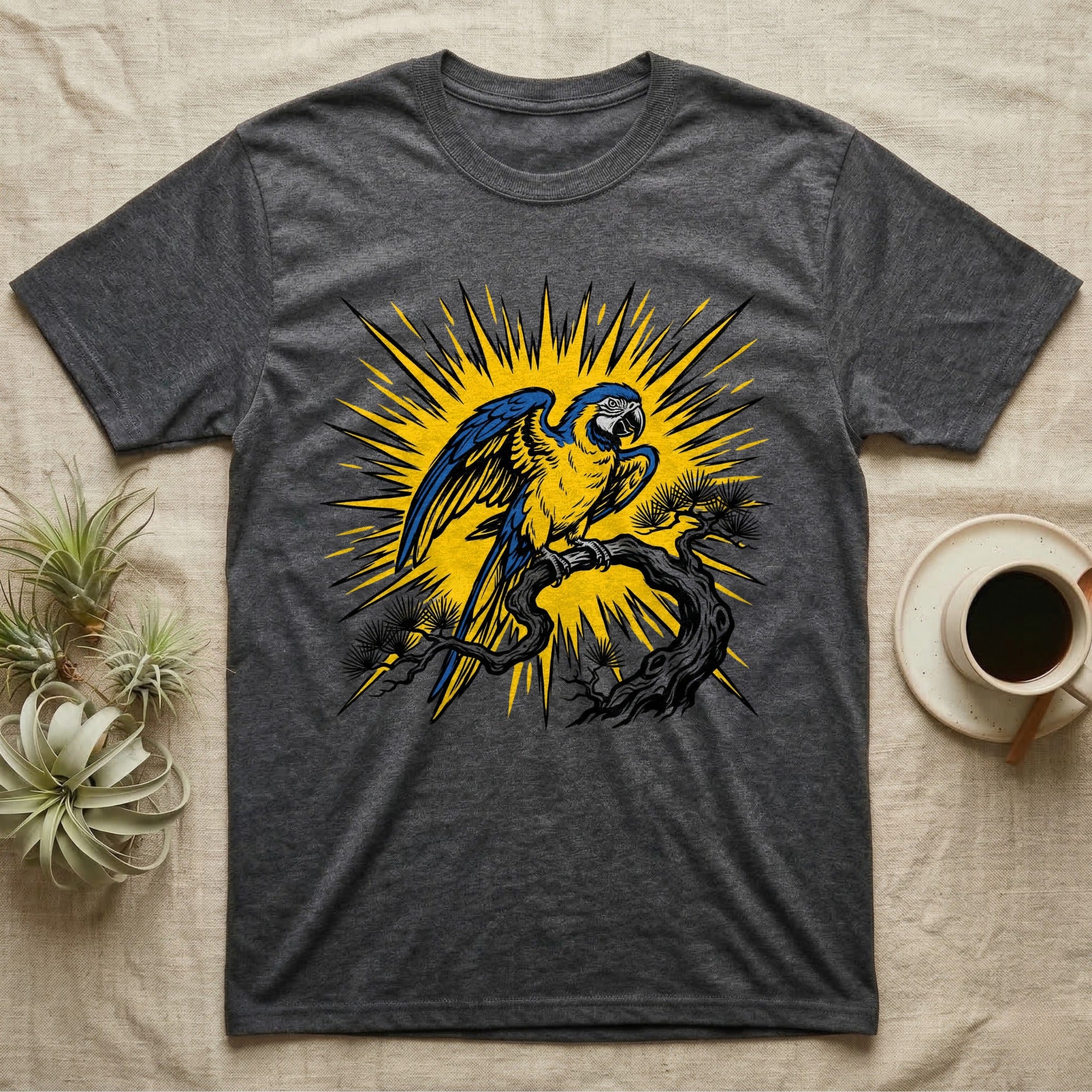 Blue and yellow macaw perched on a branch with sunburst background.