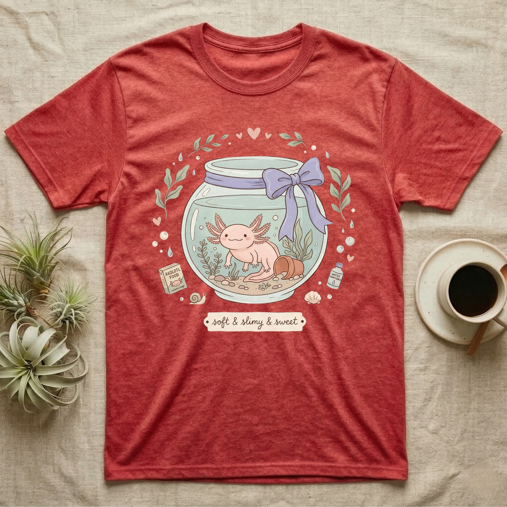 Red t-shirt with axolotl in a jar, surrounded by plants, food, and water conditioner.