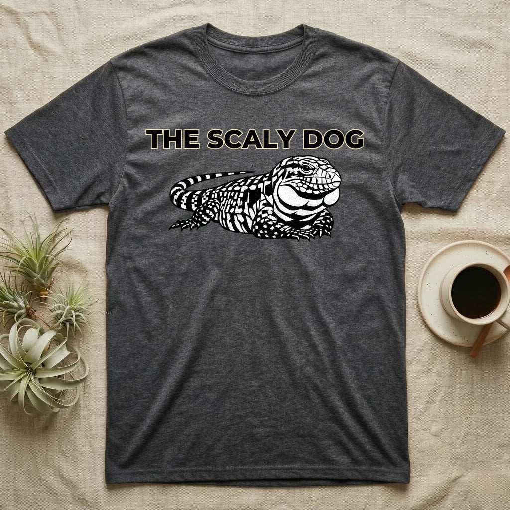Dark gray t-shirt with "THE SCALY DOG" text and a black and white lizard graphic.