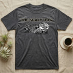 Dark gray t-shirt with "THE SCALY DOG" text and a black and white lizard graphic.