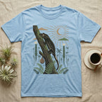 Crested Gecko Home Range T-Shirt in Light Blue — Woodcut-style illustration of a crested gecko clinging head-up to a mossy rainforest trunk among tree ferns, no on-shirt text.