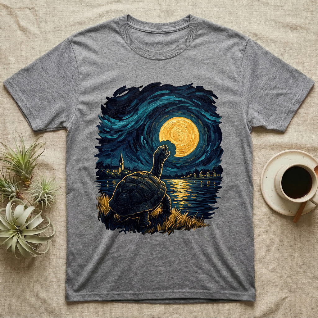 Hermann's Tortoise Moon T-Shirt in Sport Grey — Painted Hermann's tortoise seen from behind, neck stretched up, biting a piece out of a golden spiral moon in a swirling blue night sky over a lake