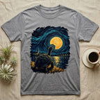 Hermann's Tortoise Moon T-Shirt in Sport Grey — Painted Hermann's tortoise seen from behind, neck stretched up, biting a piece out of a golden spiral moon in a swirling blue night sky over a lake