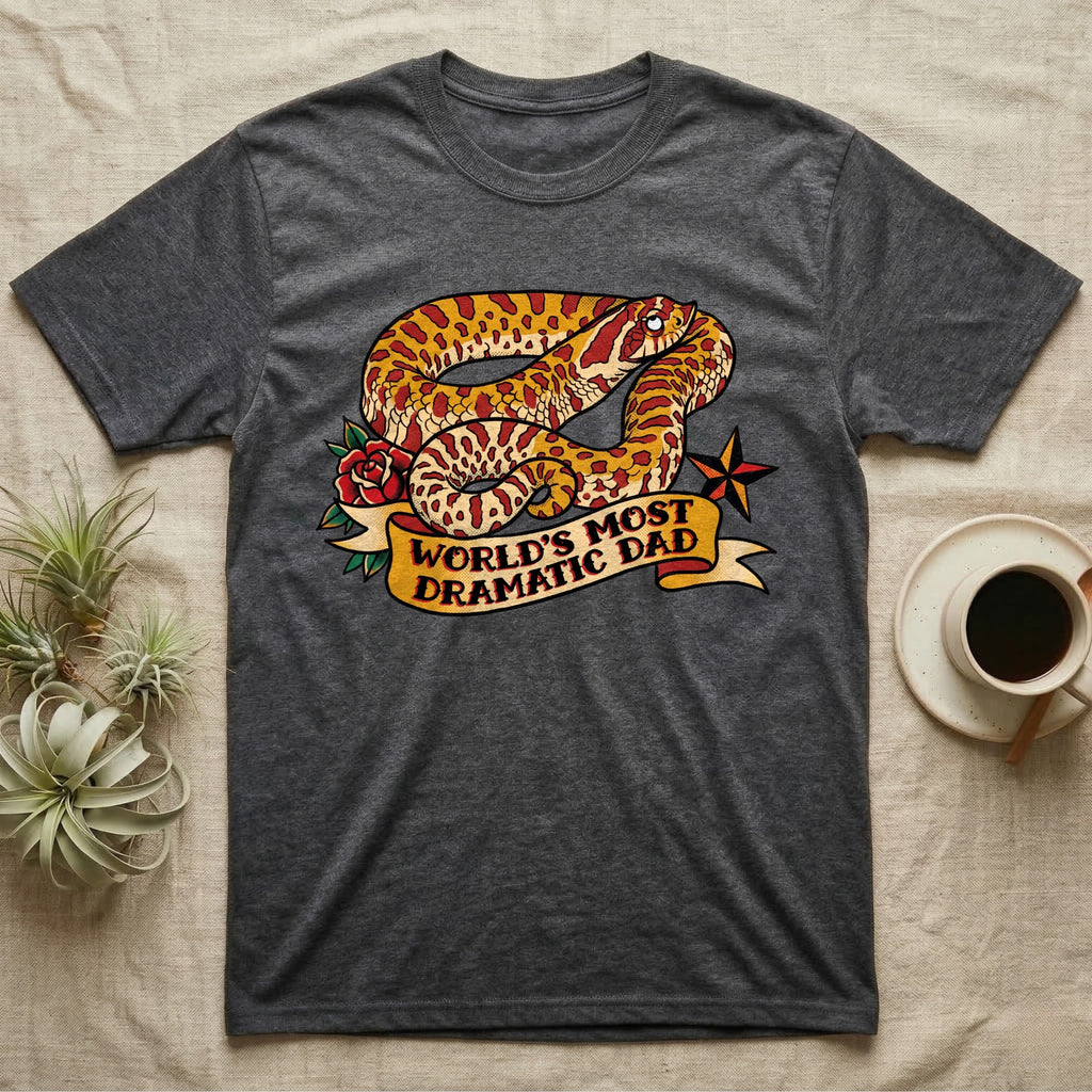 Dramatic Dad Hognose T-Shirt in Dark Heather — Tattoo-flash illustration of a hognose snake mid-dramatic-flop with a banner reading World's Most Dramatic Dad.
