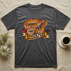 Dramatic Dad Hognose T-Shirt in Dark Heather — Tattoo-flash illustration of a hognose snake mid-dramatic-flop with a banner reading World's Most Dramatic Dad.