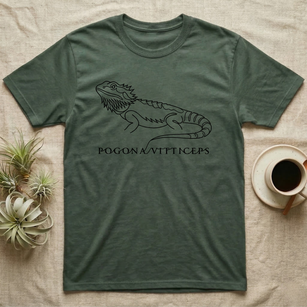 Green t-shirt with black outline of a bearded dragon and text "POGONA VITTICEPS".