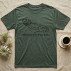 Green t-shirt with black outline of a bearded dragon and text "POGONA VITTICEPS".