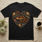 Black t-shirt with orange and black striped lizard in a heart-shaped leafy design.
