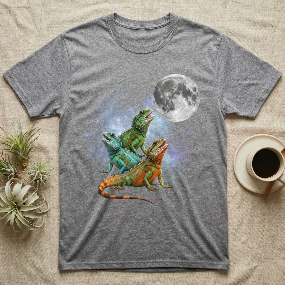Chinese Water Dragon Moon Howl T-Shirt in Sport Grey — Three Chinese Water Dragon colour morphs howling at a full moon over a nebula on a dark grey t-shirt.