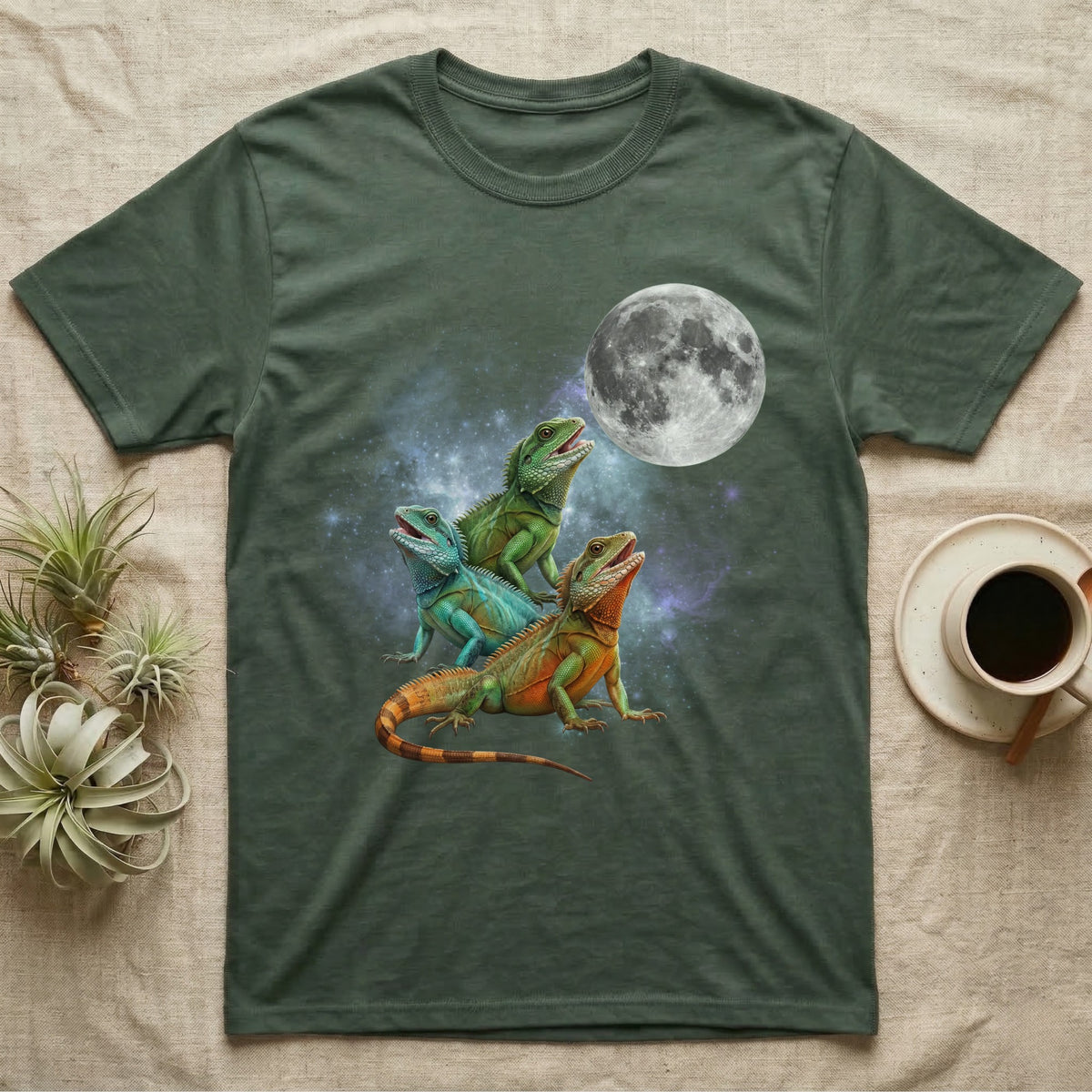 Chinese Water Dragon Moon Howl T-Shirt in Military Green — Three Chinese Water Dragon colour morphs howling at a full moon over a nebula on a dark grey t-shirt.