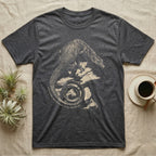 Vintage engraved illustration of a black tree monitor climbing rock with its tail coiled into a badge, arc text reading Varanus Beccarii, Black Tree Monitor, Est. 2024, Vintage Ink Series. — shown on a Dark Heather tee.