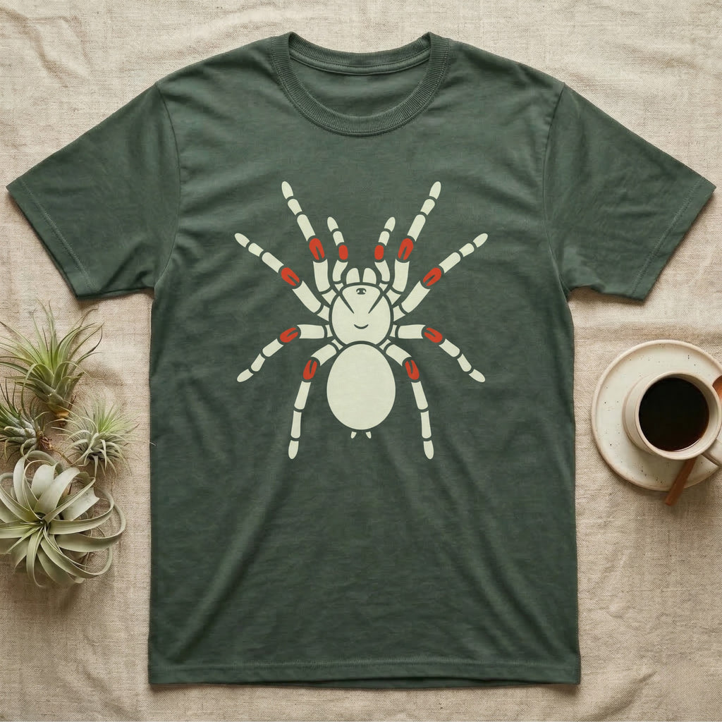 Green t-shirt with a white spider graphic featuring red accents.