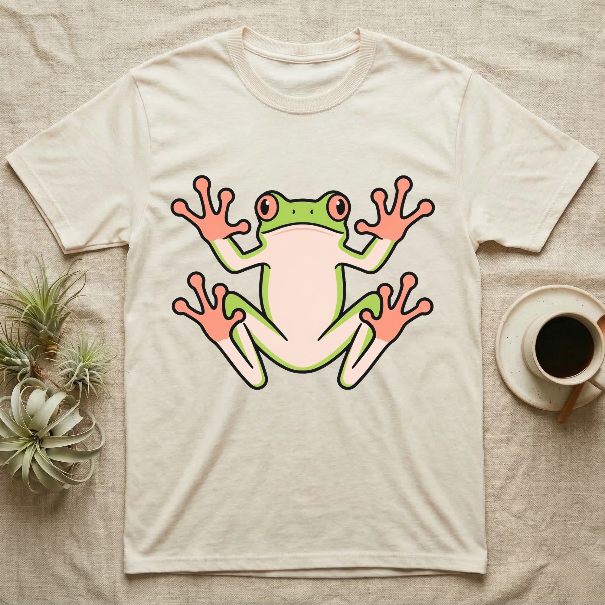 Tree Frog On Glass T-Shirt in Natural — Vector-bold tree frog plastered against implied glass, suction feet splayed wide, small "Tree Frog On Glass." caption.