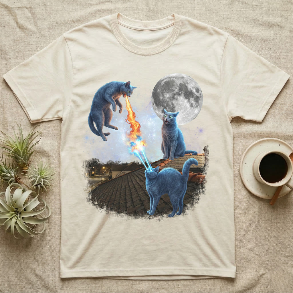 Three blue cartoon cats on a rooftop, one breathing fire, one shooting lasers.